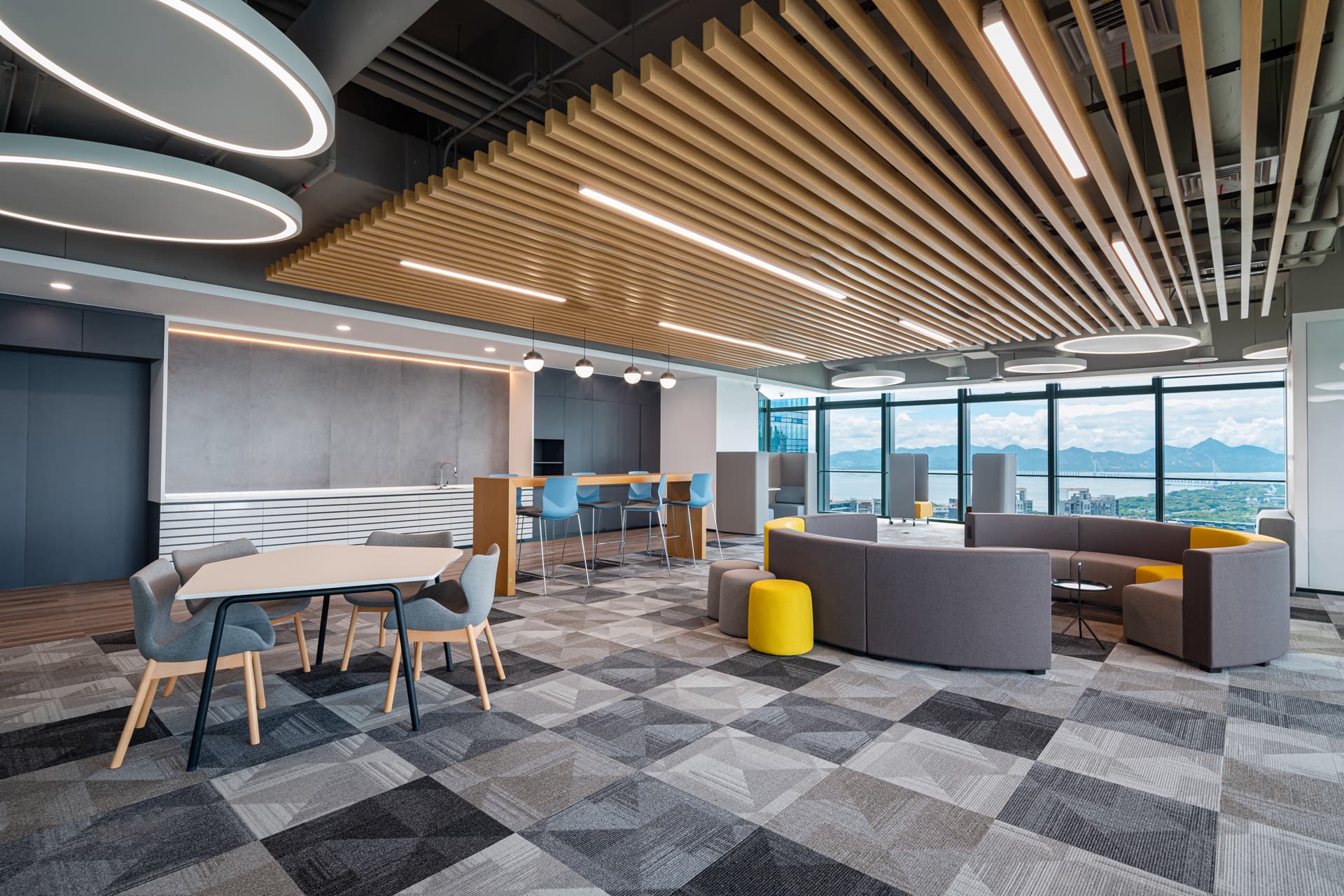 Modern office lounge with soft natural light