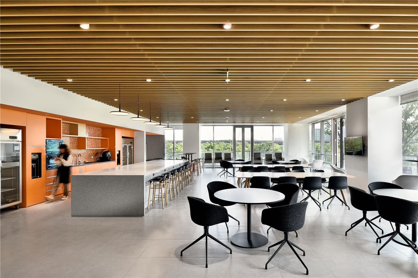Warm timber-lined office interior