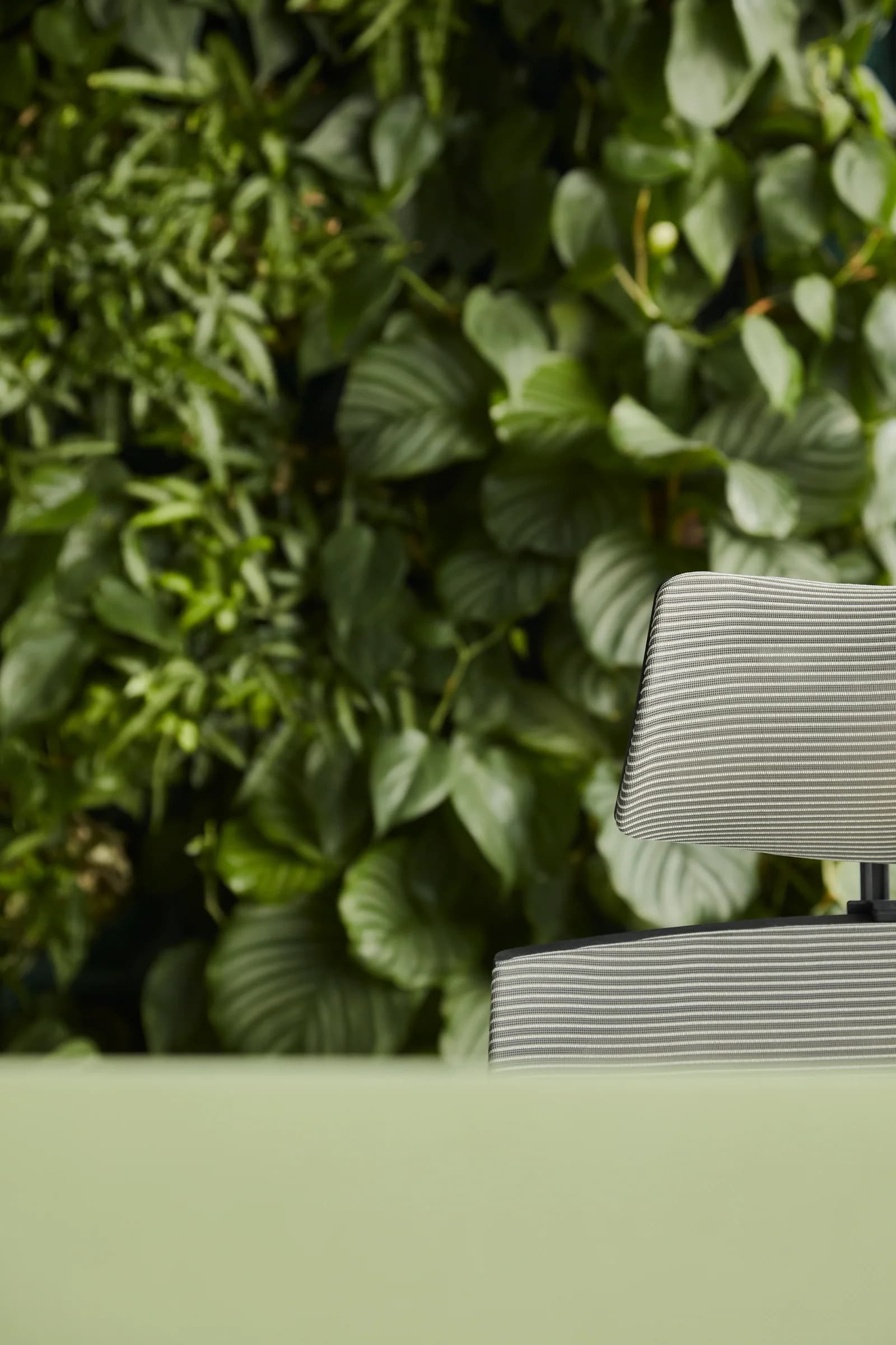 Workplace seating integrated beside a tall wall of living plants