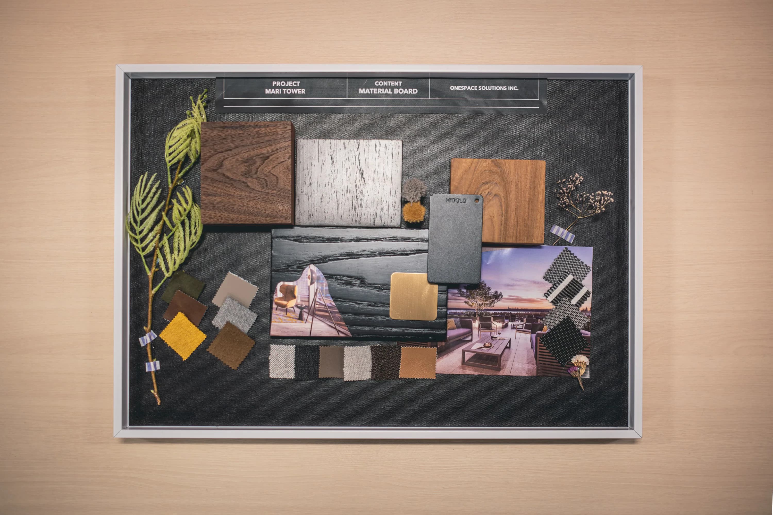 Material, color, and furniture moodboard developed for Mari
