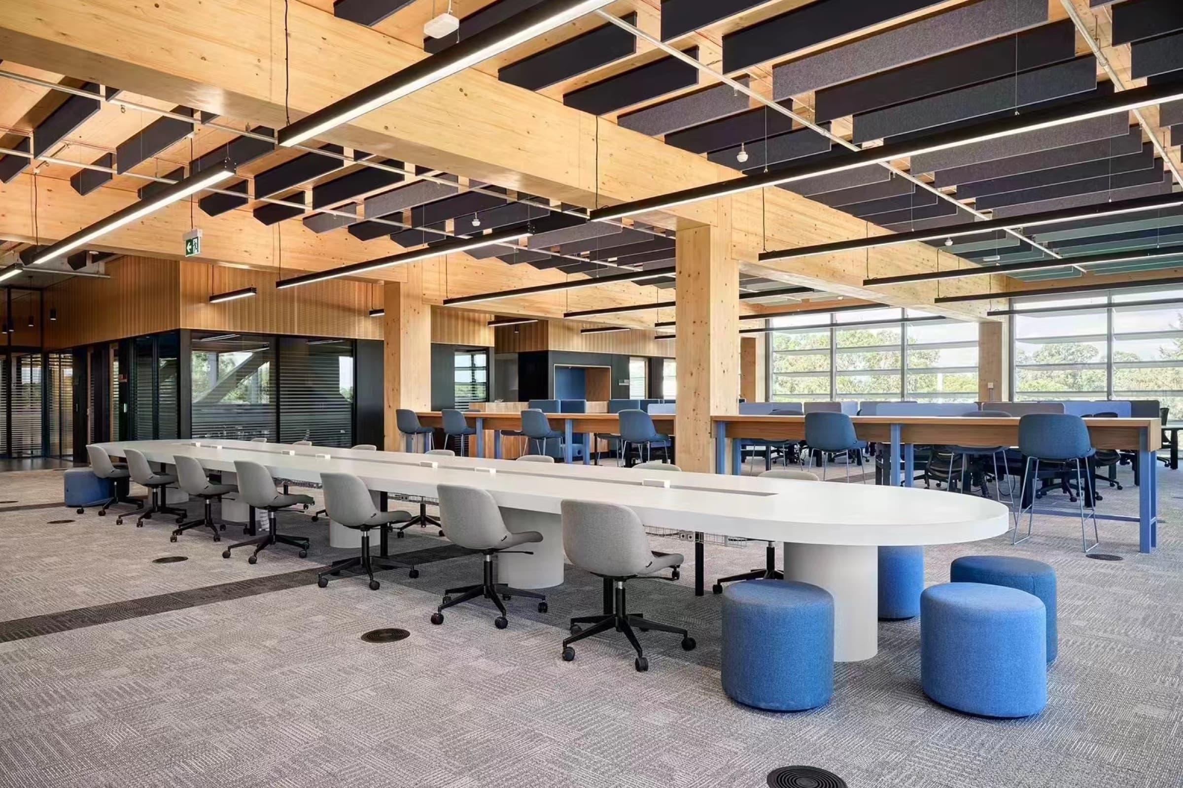 Flexible study commons beneath Murdoch University's exposed timber structure
