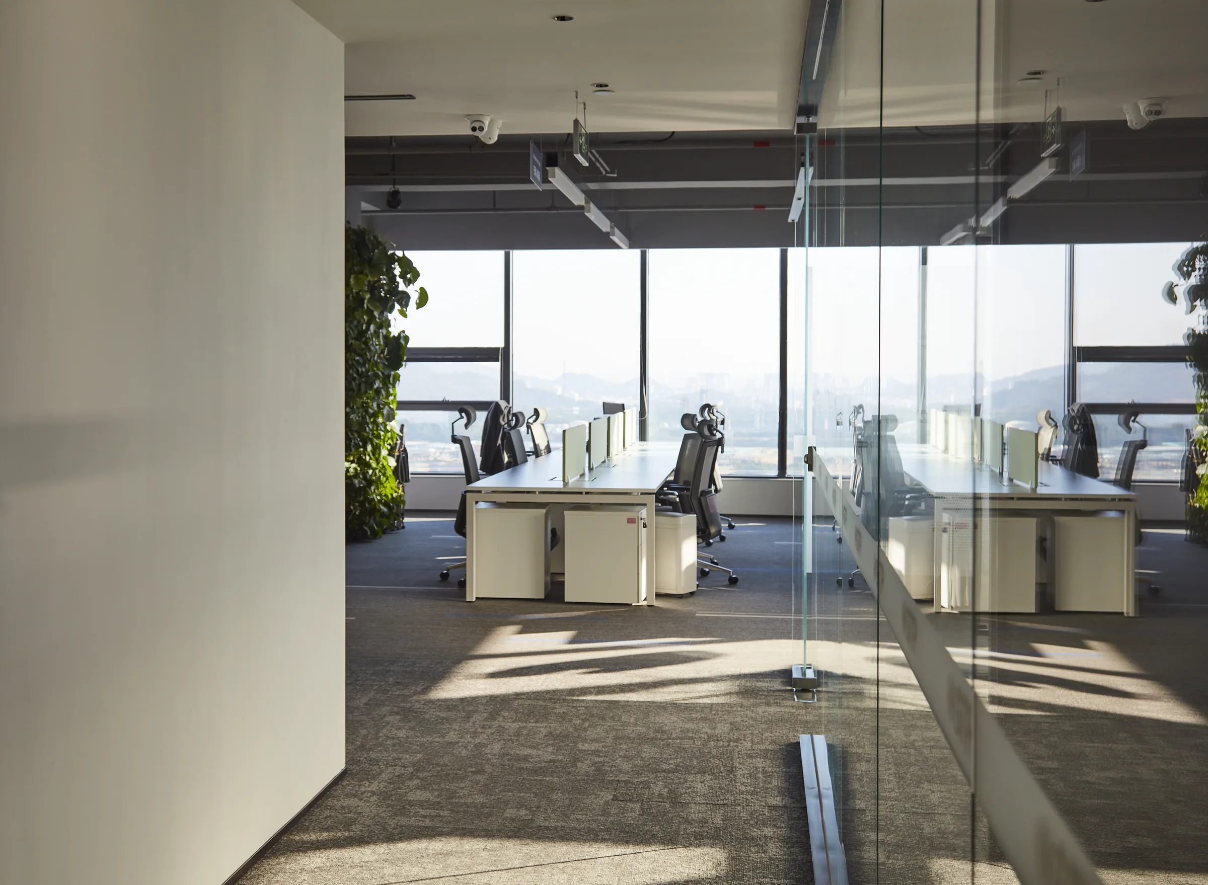Completed workplace viewed through glass partitions