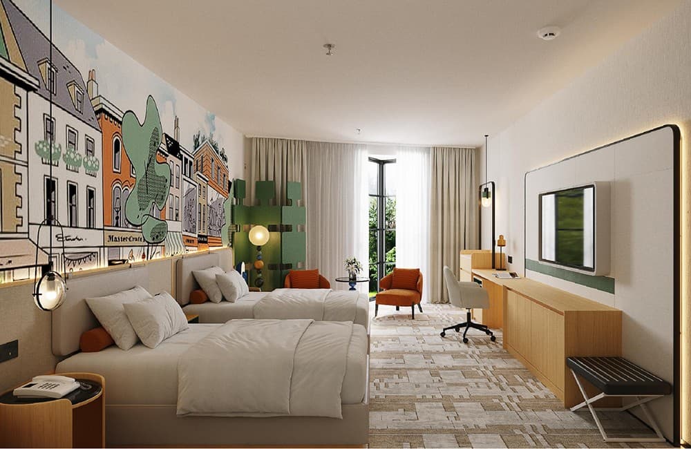 Colorful guest room prepared for Stay Pineapple